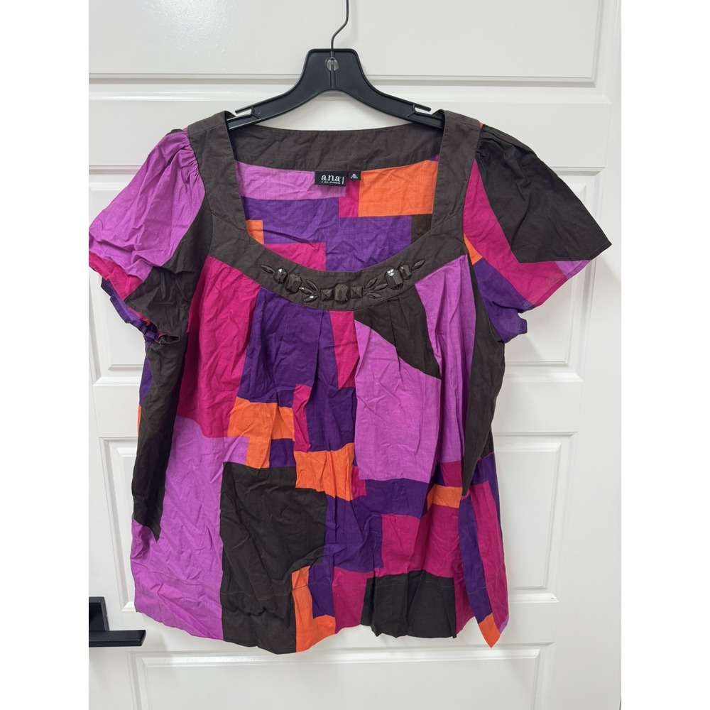 a.n.a A New Approach Women 2X Colorful Beaded Tunic Blouse Geometric Top
